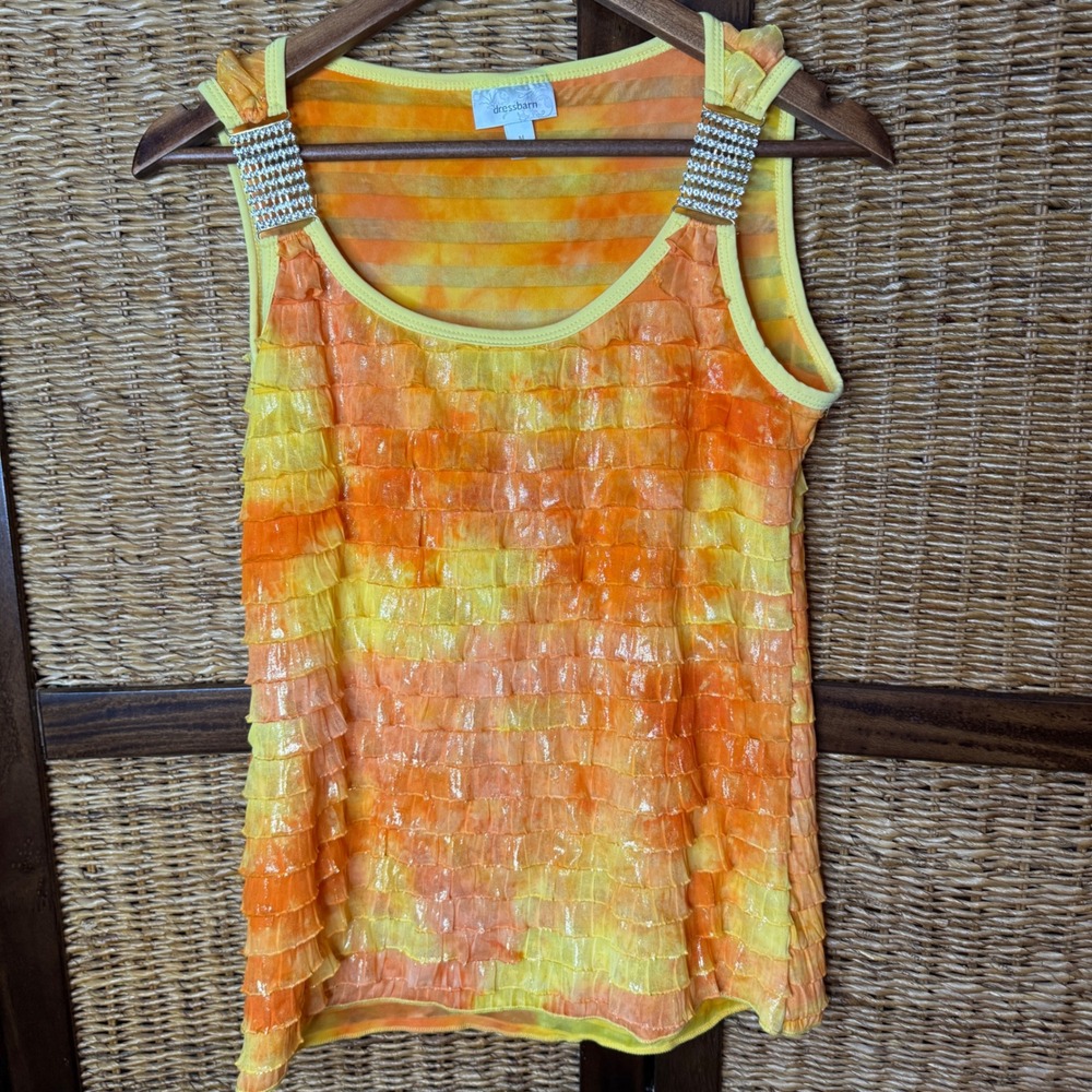 Y2K Sunset Orange Yellow Tie Dye Tiered Ruffle Tank Top Rhinestone Straps M